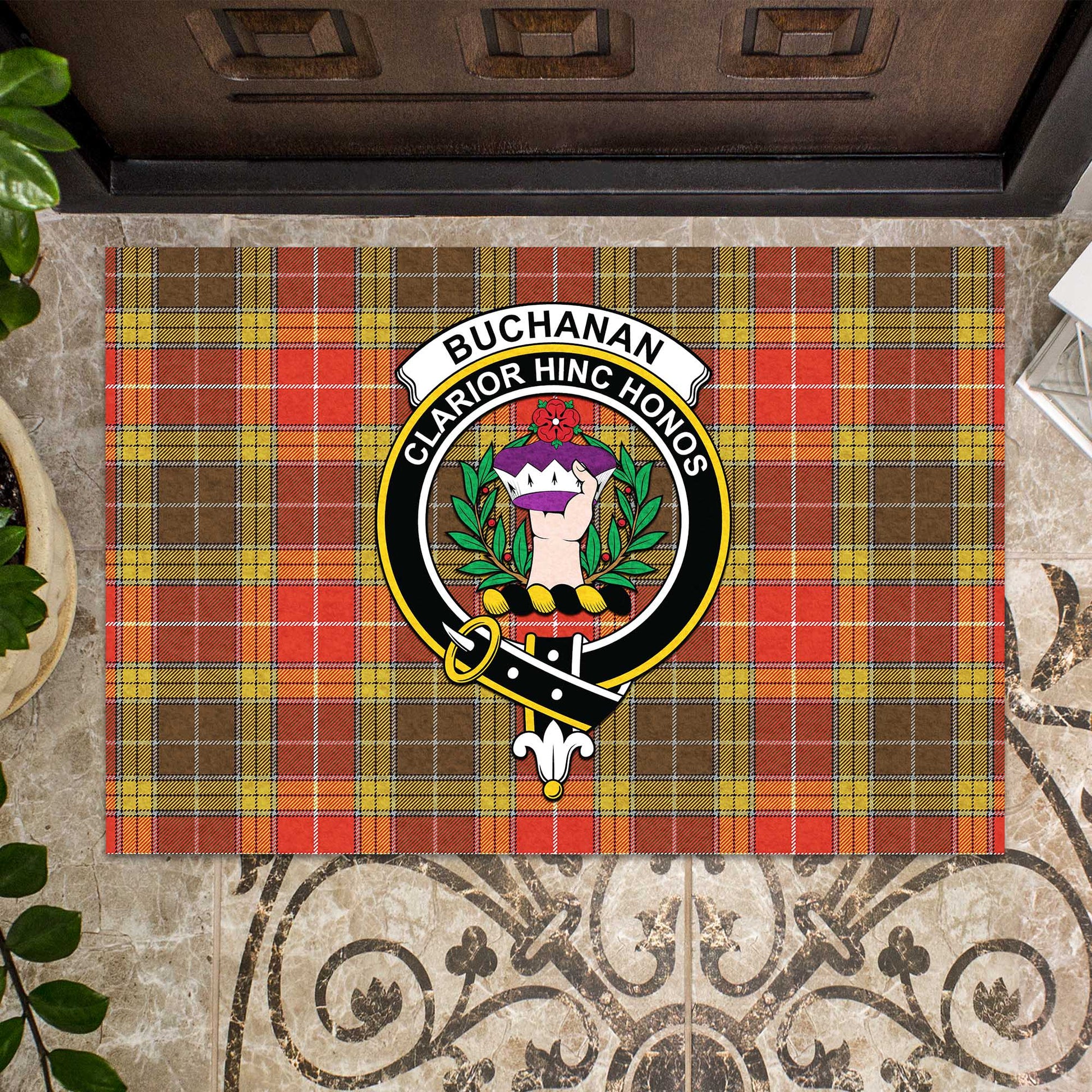 Buchanan Old Set Weathered Tartan Door Mat with Family Crest - Tartanvibesclothing