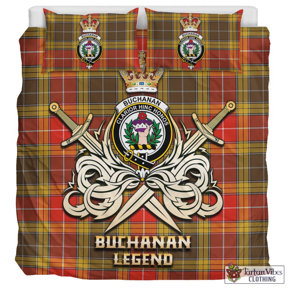 Tartan Vibes Clothing Buchanan Old Set Weathered Tartan Bedding Set with Clan Crest and the Golden Sword of Courageous Legacy