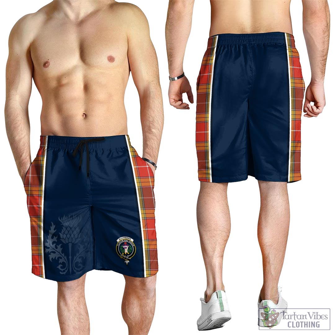 Tartan Vibes Clothing Buchanan Old Set Weathered Tartan Men's Shorts with Family Crest and Scottish Thistle Vibes Sport Style