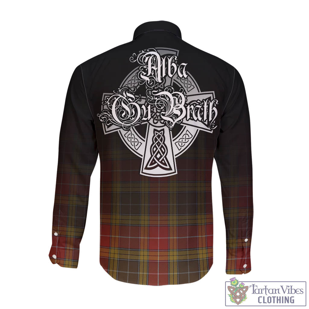 Tartan Vibes Clothing Buchanan Old Set Weathered Tartan Long Sleeve Button Up Featuring Alba Gu Brath Family Crest Celtic Inspired