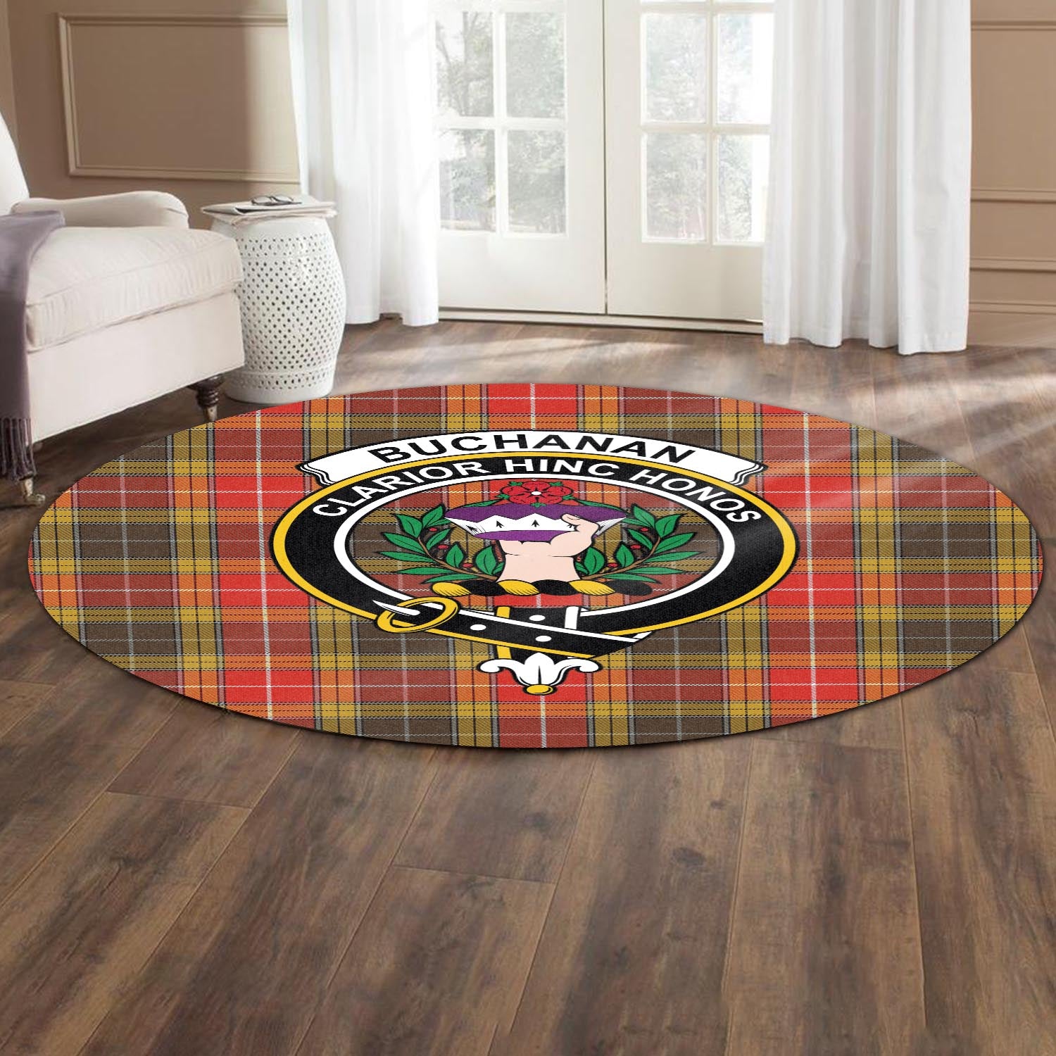 Buchanan Old Set Weathered Tartan Round Rug with Family Crest - Tartanvibesclothing