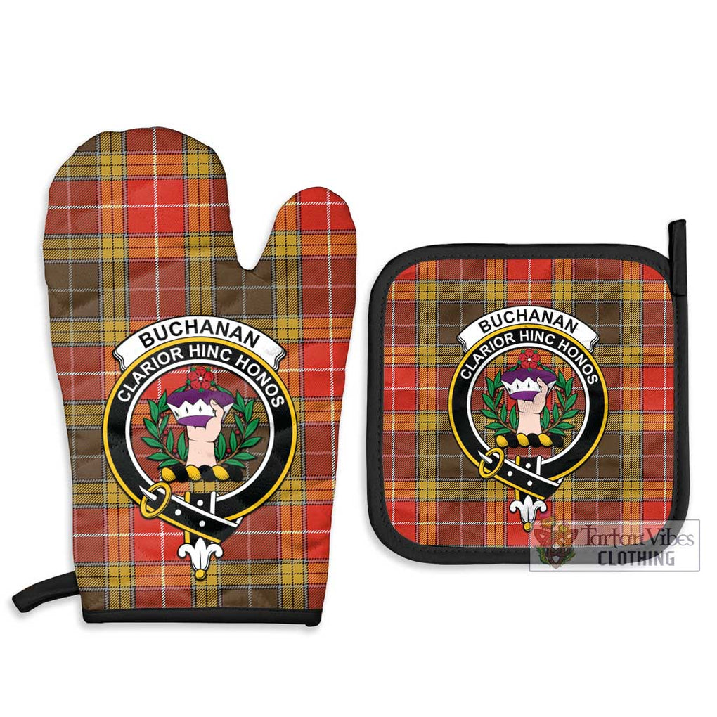 Buchanan Old Set Weathered Tartan Combo Oven Mitt & Pot-Holder with Family Crest Combo 1 Oven Mitt & 2 Pot-Holder Black - Tartan Vibes Clothing