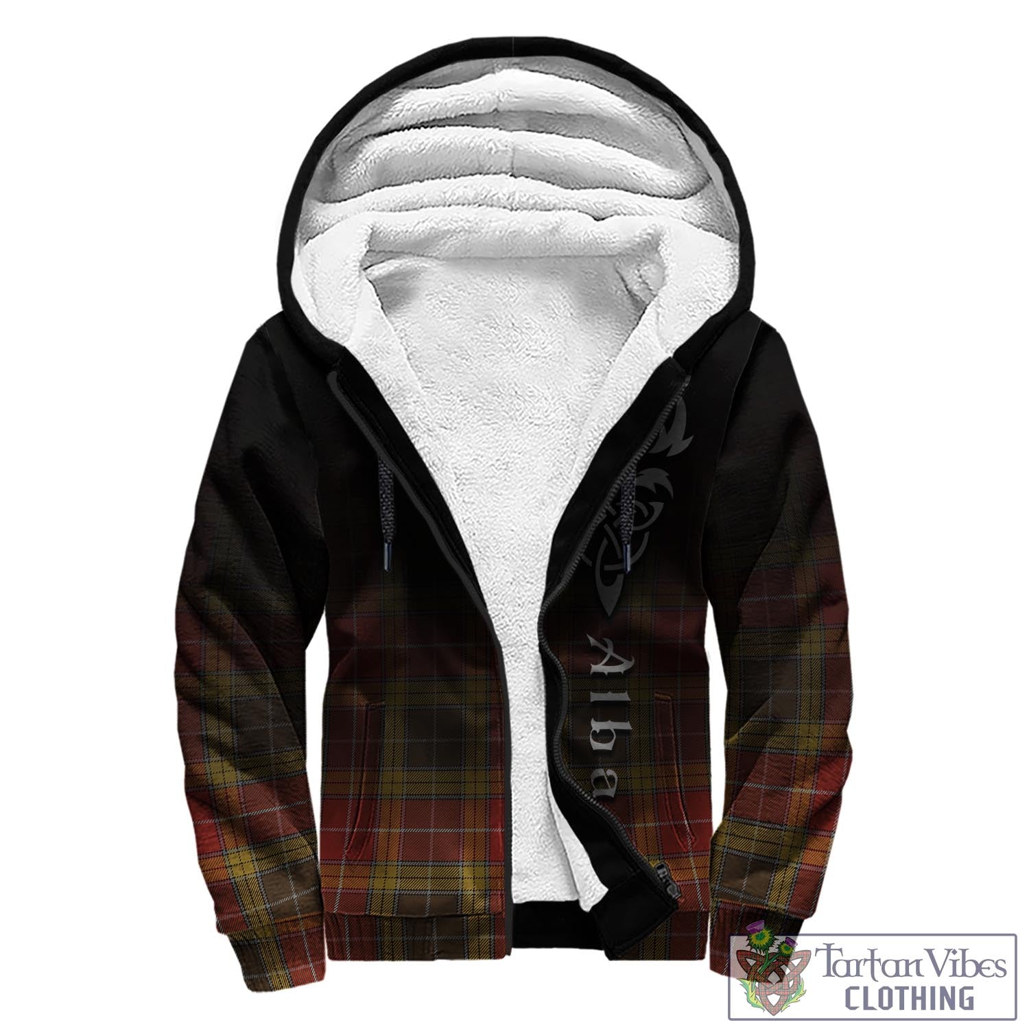 Tartan Vibes Clothing Buchanan Old Set Weathered Tartan Sherpa Hoodie Featuring Alba Gu Brath Family Crest Celtic Inspired