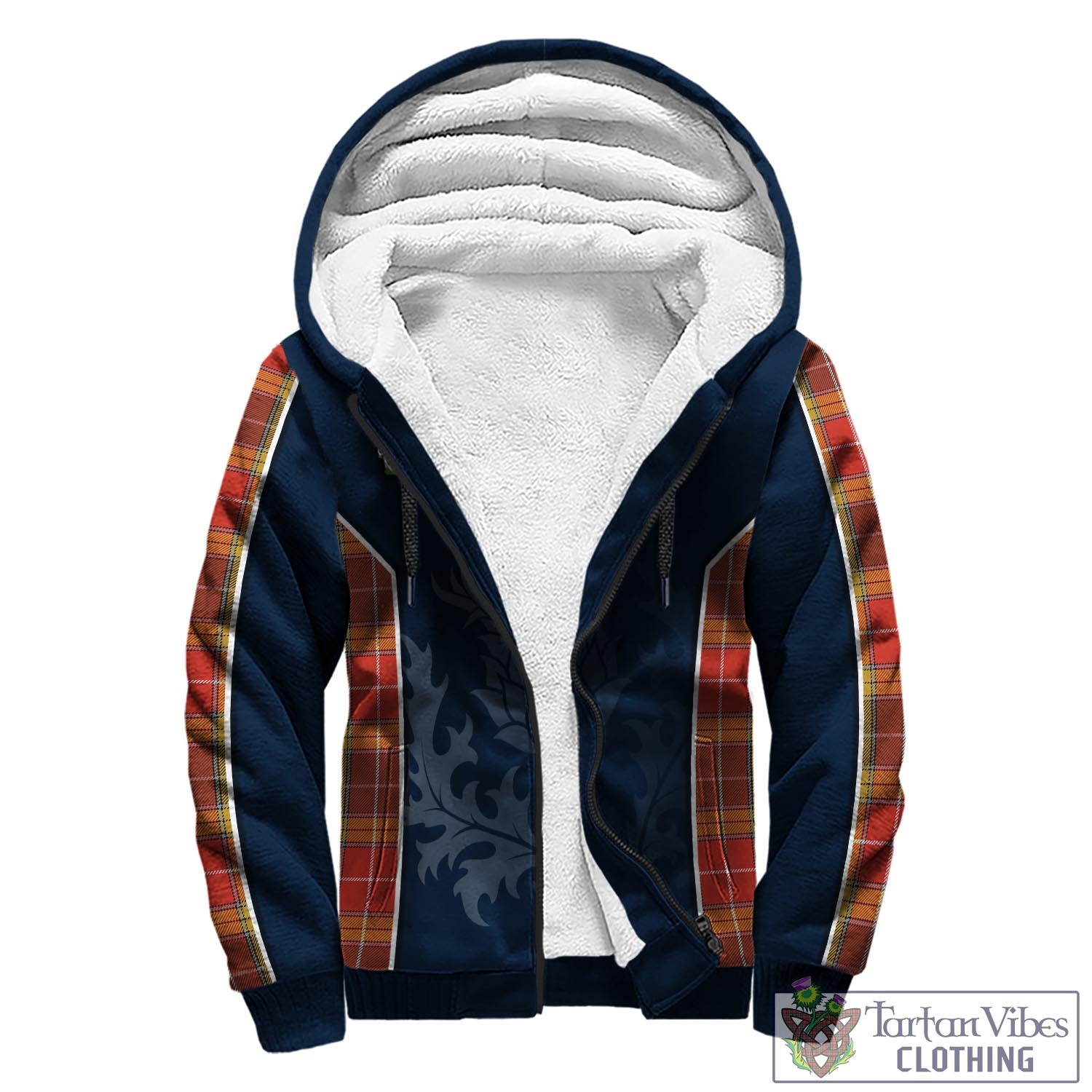 Tartan Vibes Clothing Buchanan Old Set Weathered Tartan Sherpa Hoodie with Family Crest and Scottish Thistle Vibes Sport Style