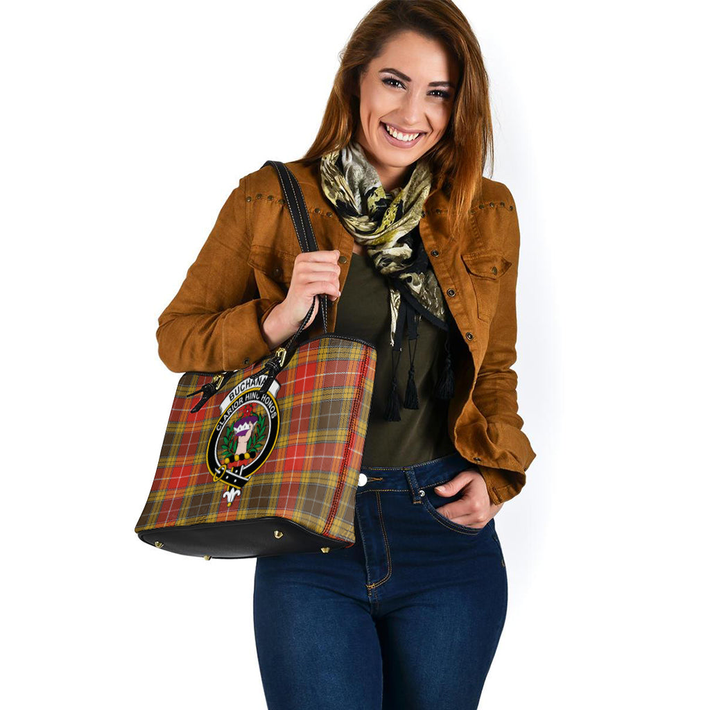 Buchanan Old Set Weathered Tartan Leather Tote Bag with Family Crest - Tartanvibesclothing