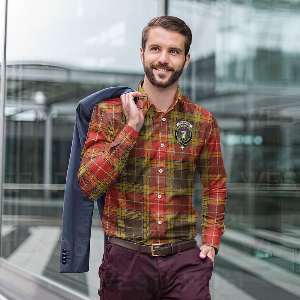 Buchanan Old Set Weathered Tartan Long Sleeve Button Up Shirt with Family Crest - Tartanvibesclothing