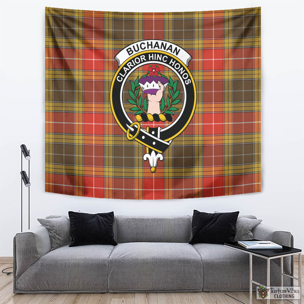 Tartan Vibes Clothing Buchanan Old Set Weathered Tartan Tapestry Wall Hanging and Home Decor for Room with Family Crest