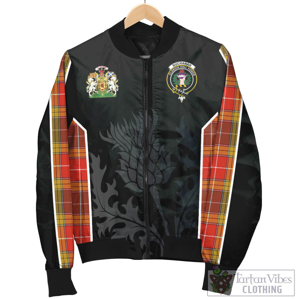 Tartan Vibes Clothing Buchanan Old Set Weathered Tartan Bomber Jacket with Family Crest and Scottish Thistle Vibes Sport Style