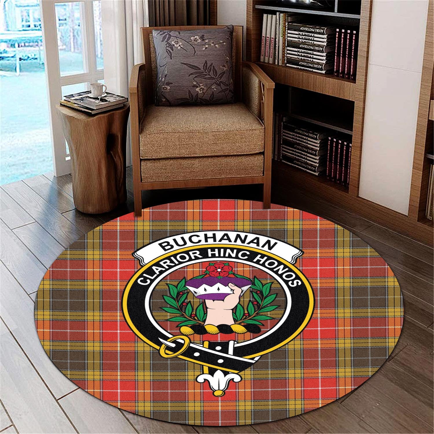 Buchanan Old Set Weathered Tartan Round Rug with Family Crest - Tartanvibesclothing