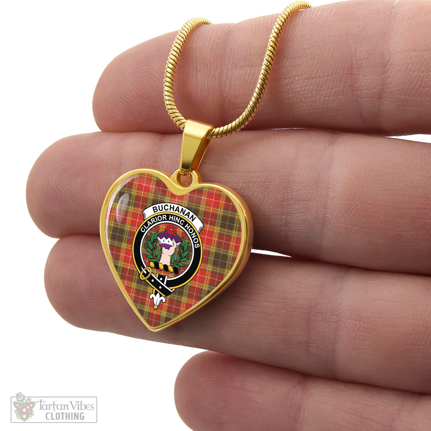 Tartan Vibes Clothing Buchanan Old Set Weathered Tartan Heart Necklace with Family Crest