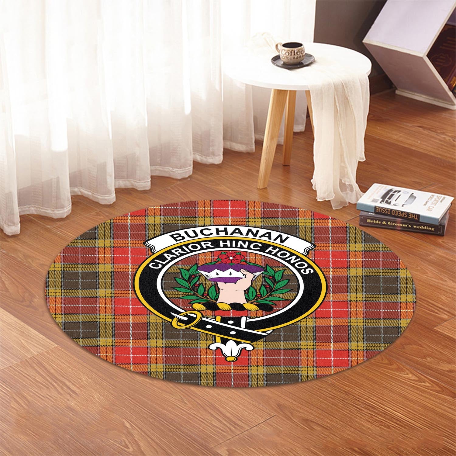 Buchanan Old Set Weathered Tartan Round Rug with Family Crest - Tartanvibesclothing