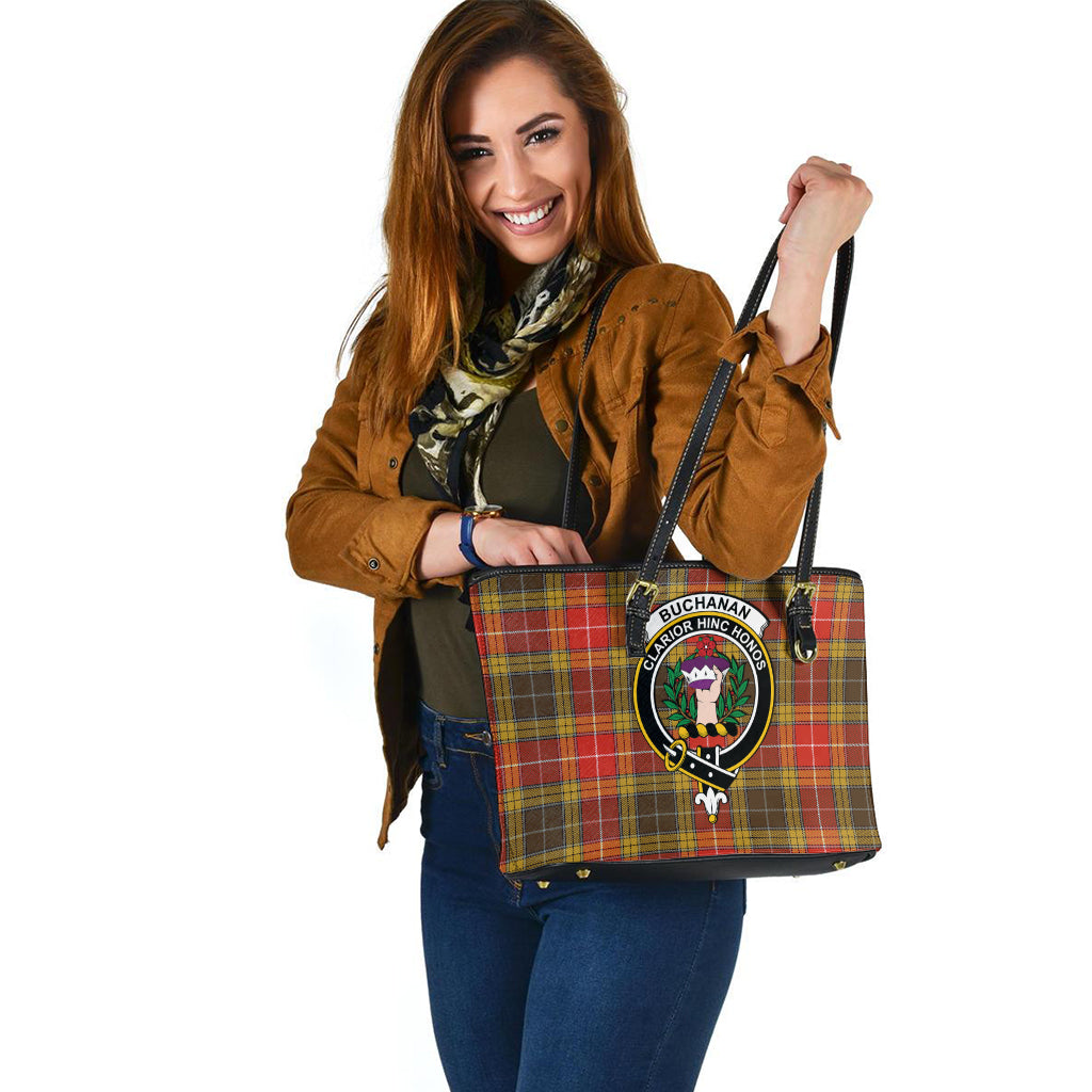 Buchanan Old Set Weathered Tartan Leather Tote Bag with Family Crest - Tartanvibesclothing