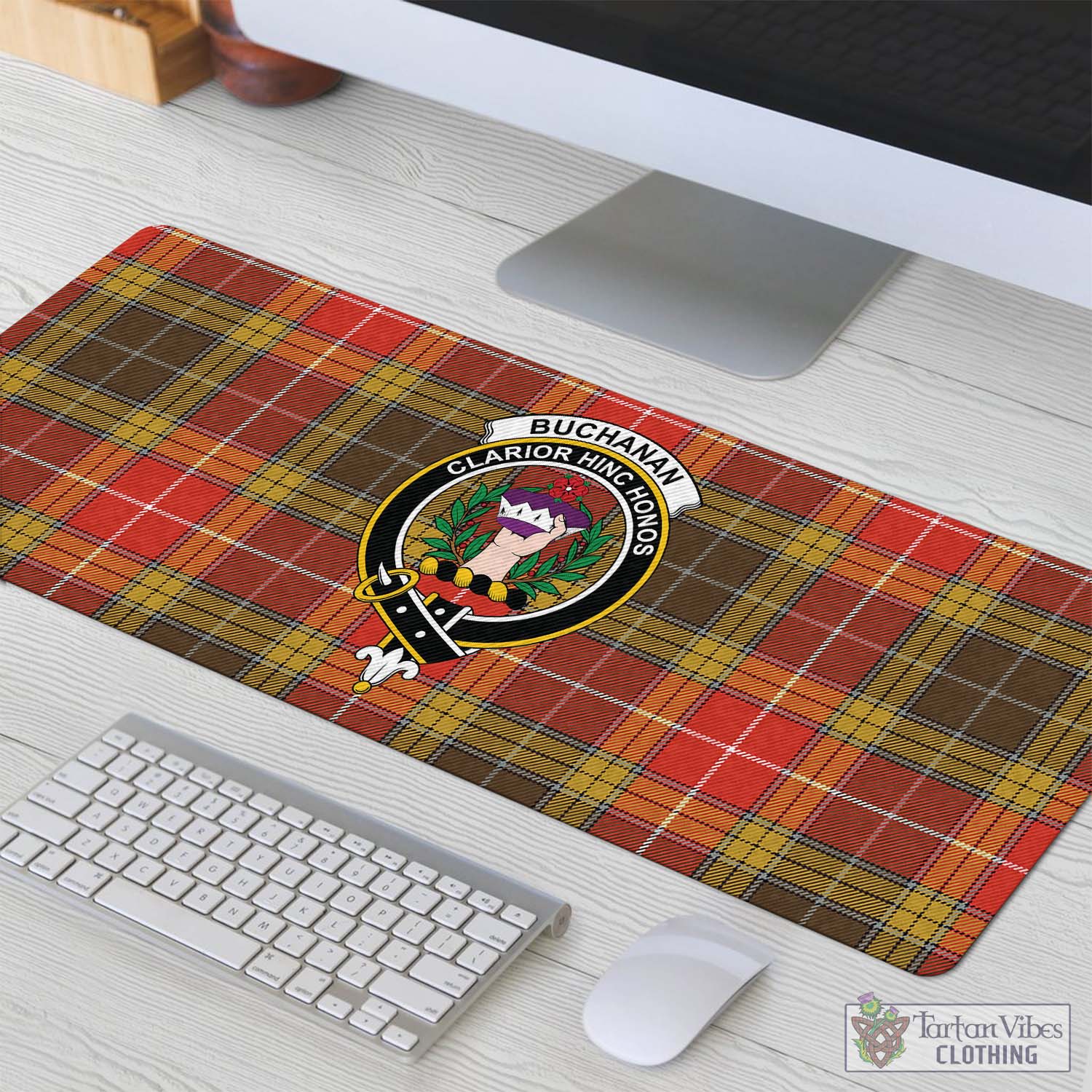 Tartan Vibes Clothing Buchanan Old Set Weathered Tartan Mouse Pad with Family Crest