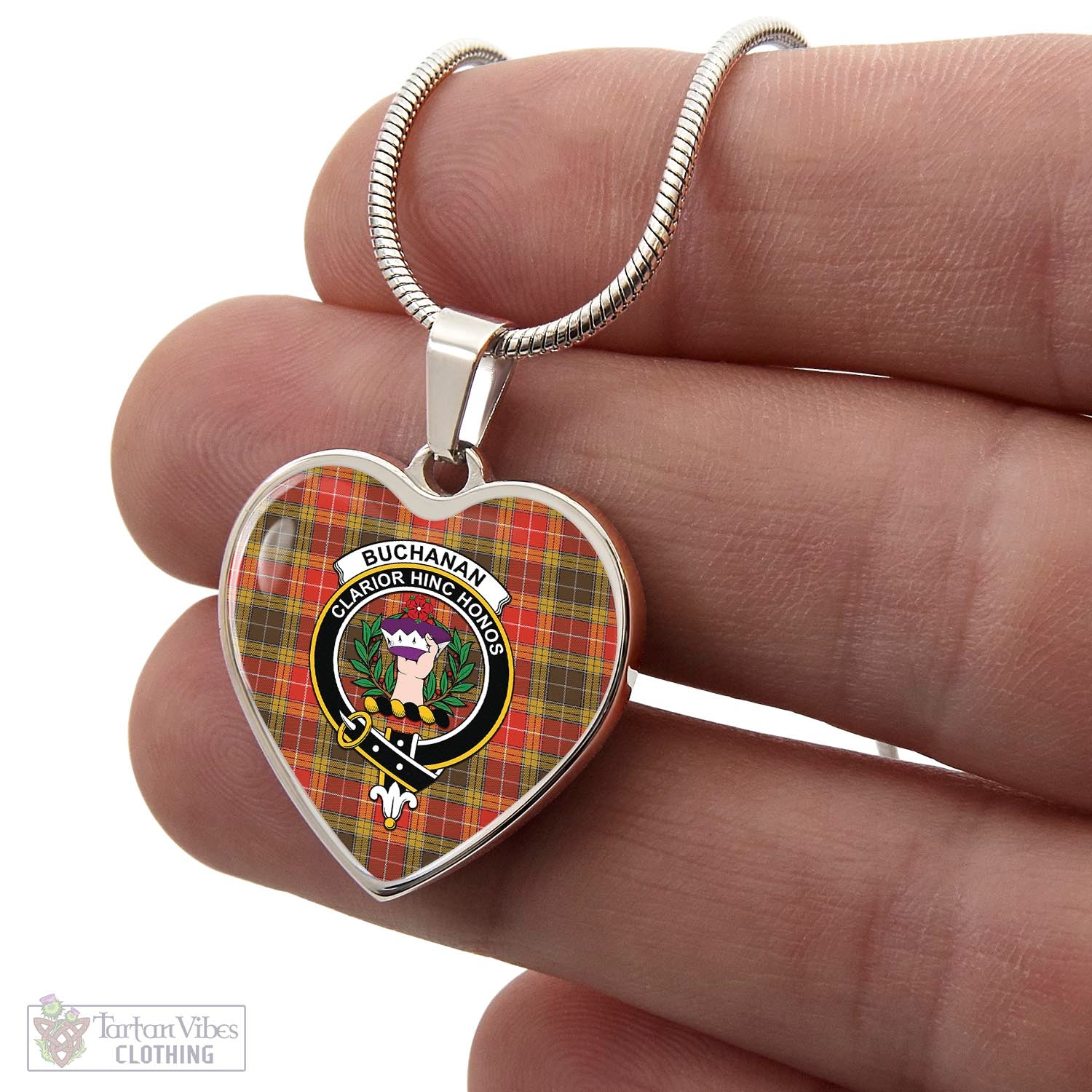 Tartan Vibes Clothing Buchanan Old Set Weathered Tartan Heart Necklace with Family Crest