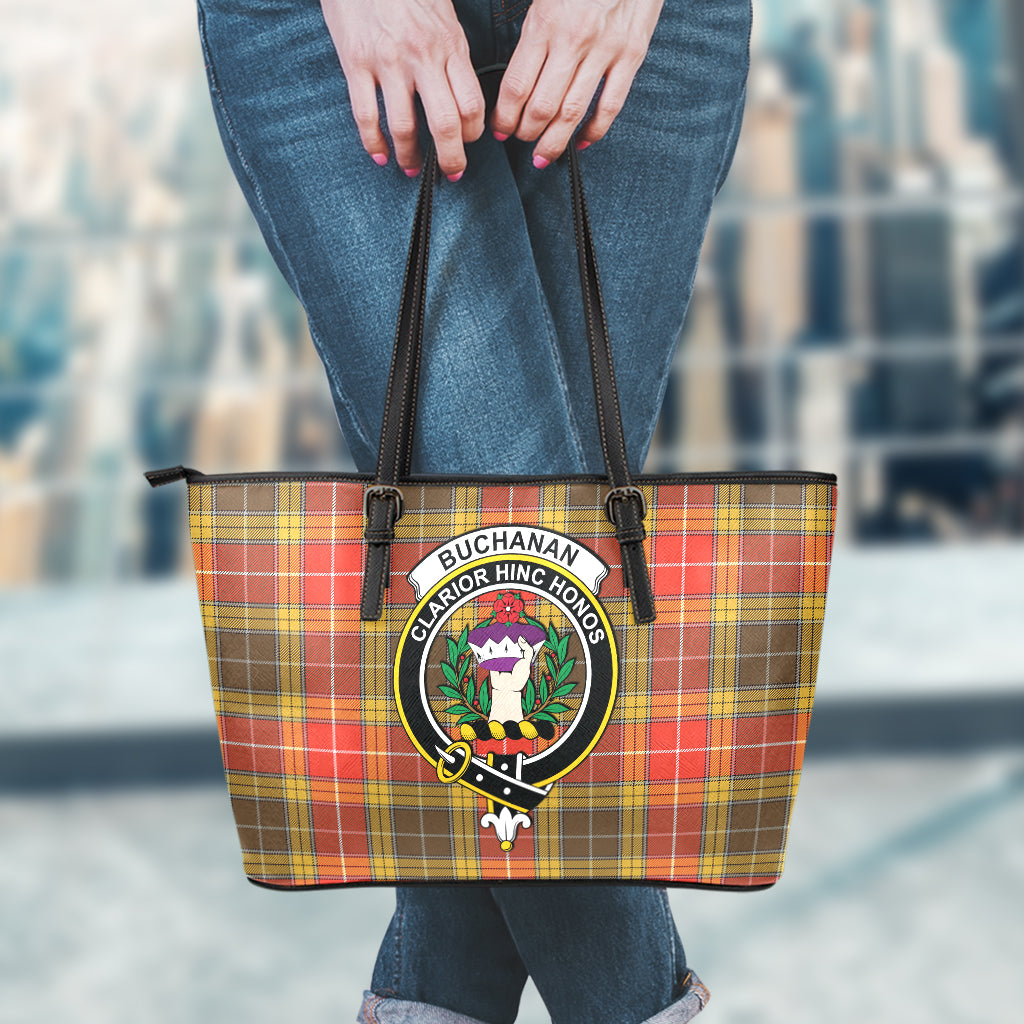 Buchanan Old Set Weathered Tartan Leather Tote Bag with Family Crest - Tartanvibesclothing