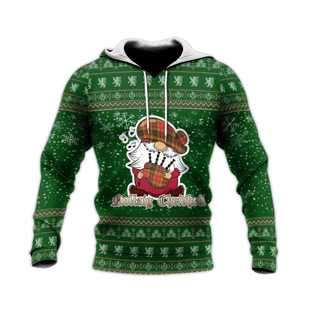 Buchanan Old Set Weathered Clan Christmas Knitted Hoodie with Funny Gnome Playing Bagpipes - Tartanvibesclothing