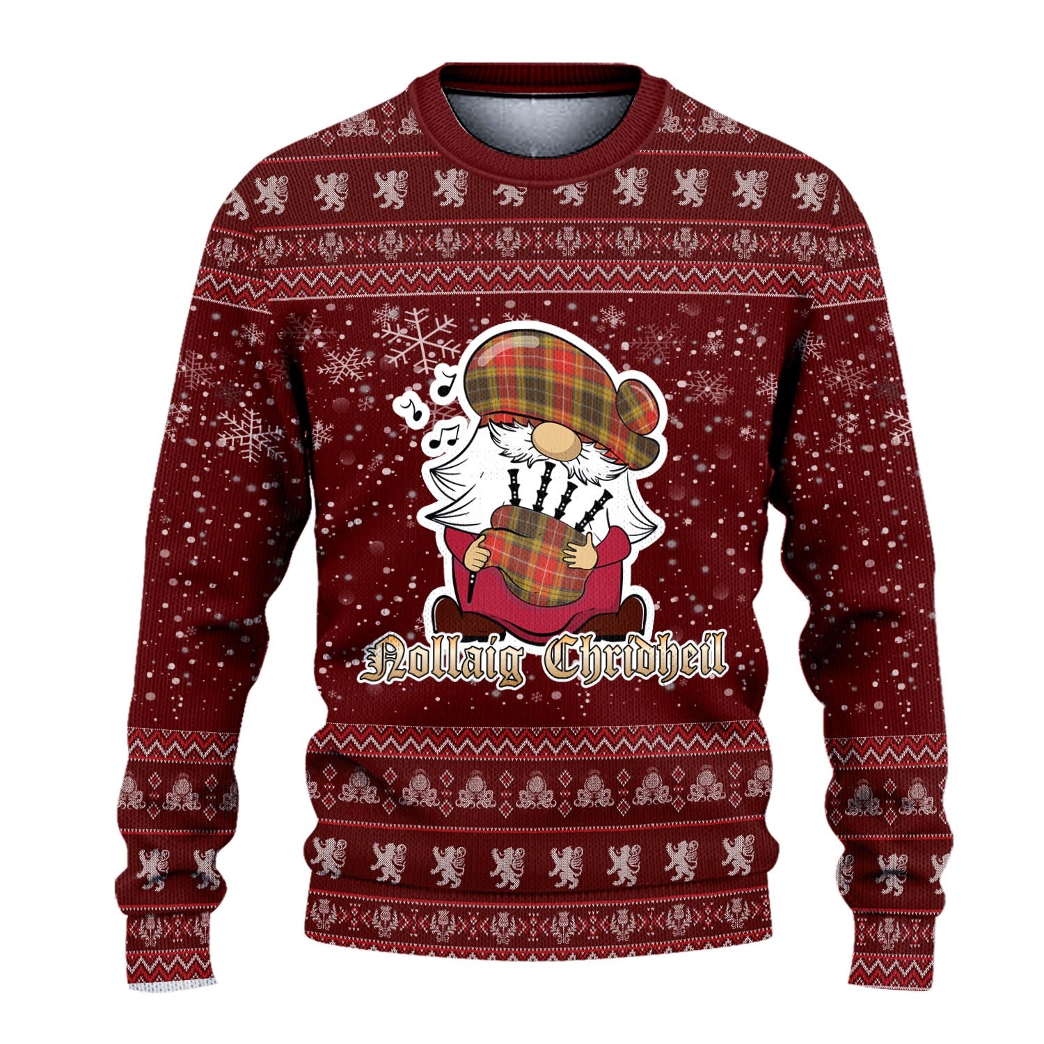 Buchanan Old Set Weathered Clan Christmas Family Knitted Sweater with Funny Gnome Playing Bagpipes - Tartanvibesclothing