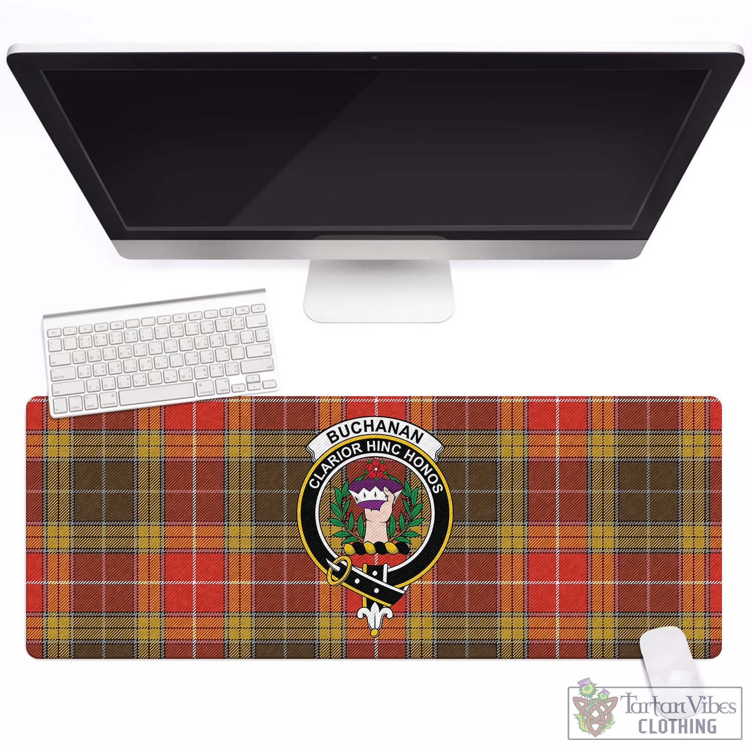 Tartan Vibes Clothing Buchanan Old Set Weathered Tartan Mouse Pad with Family Crest