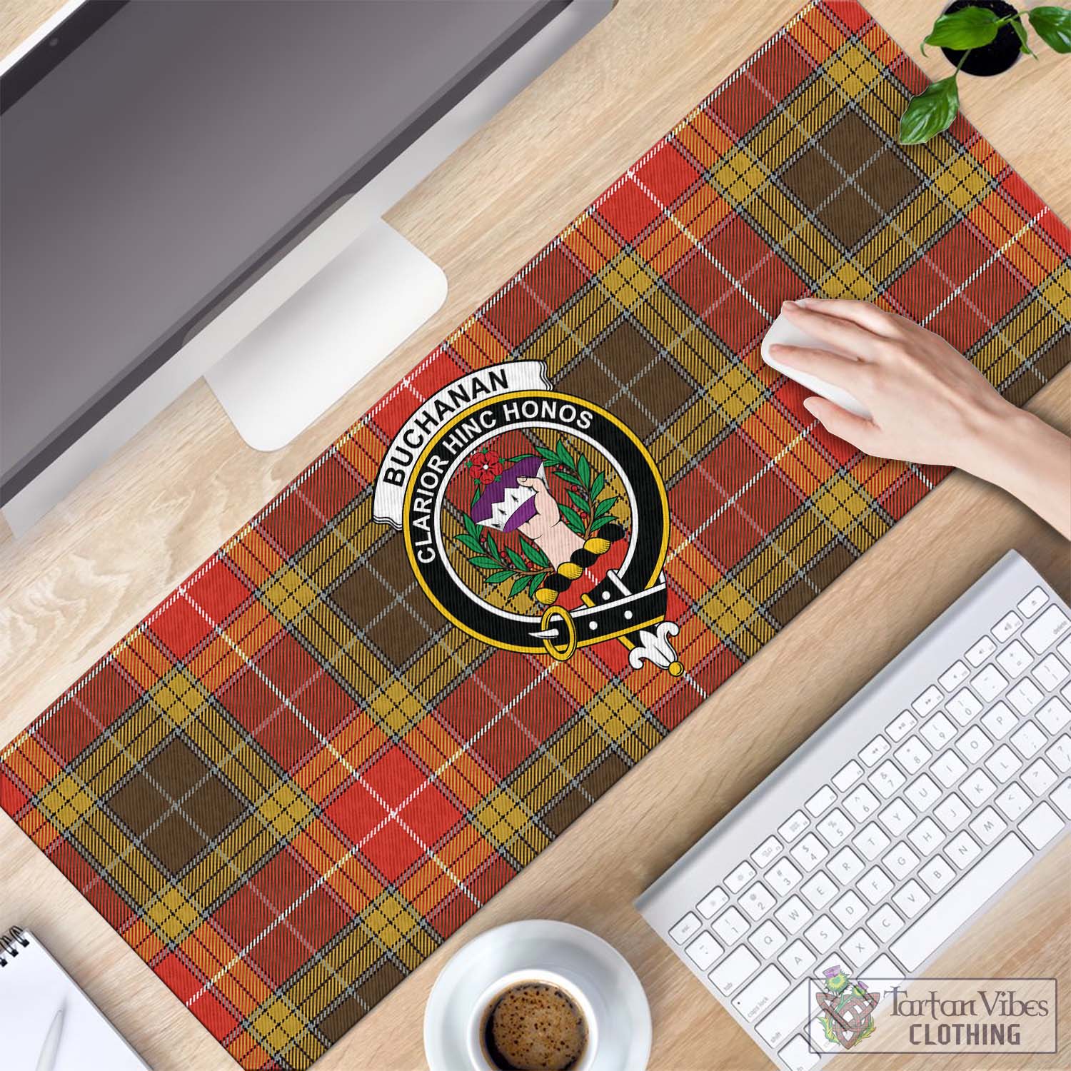 Tartan Vibes Clothing Buchanan Old Set Weathered Tartan Mouse Pad with Family Crest