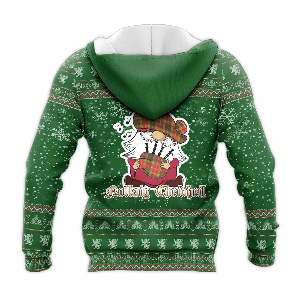 Buchanan Old Set Weathered Clan Christmas Knitted Hoodie with Funny Gnome Playing Bagpipes - Tartanvibesclothing