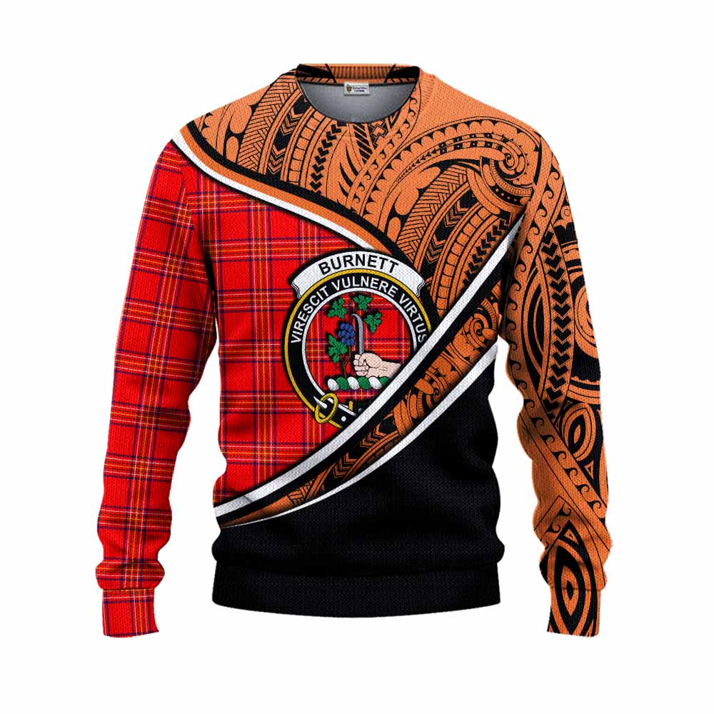 Tartan Vibes Clothing Burnett Crest Tartan Knitted Sweater with Maori Tattoo Style - Orange Version