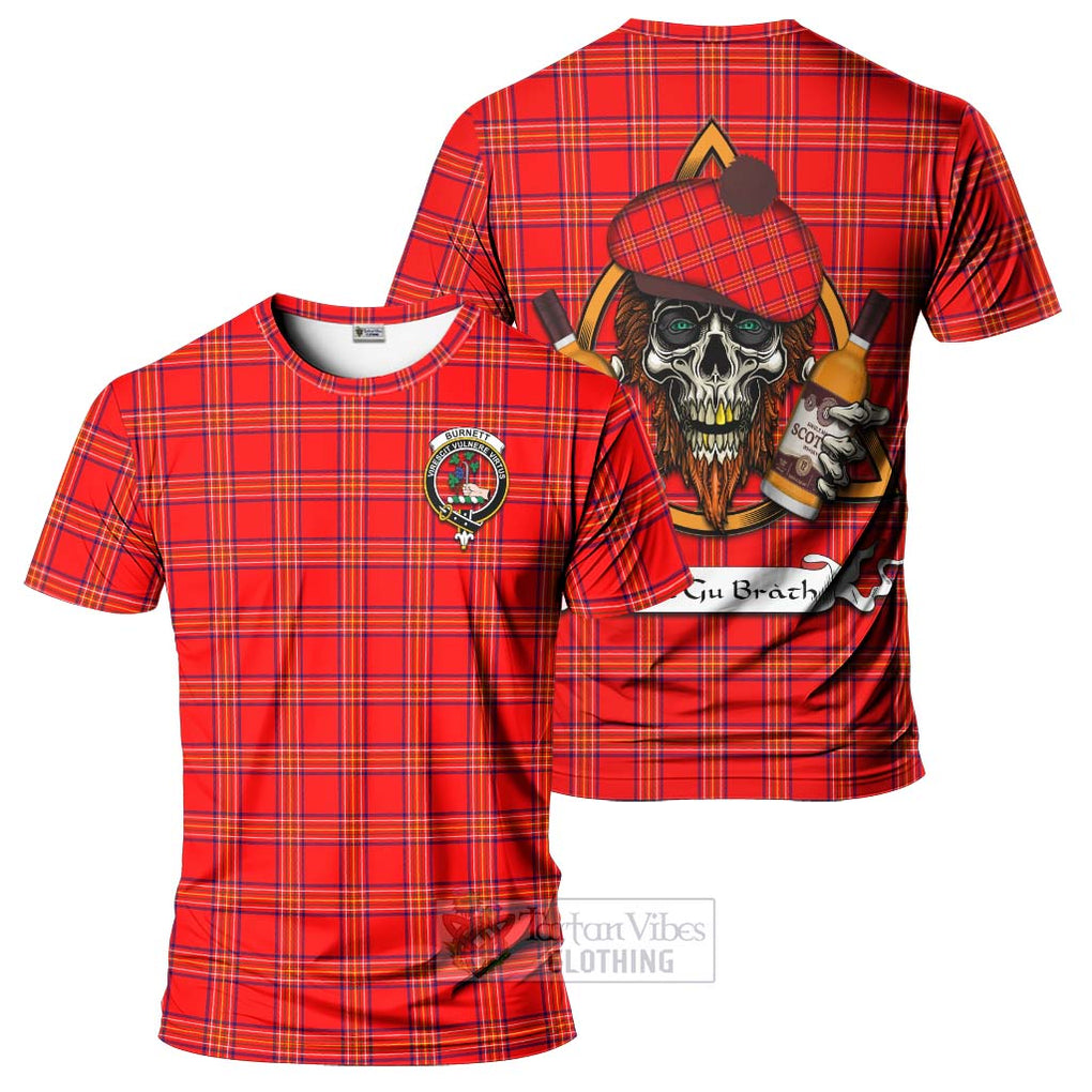 Tartan Vibes Clothing Burnett Tartan T-Shirt with Family Crest and Bearded Skull Holding Bottles of Whiskey