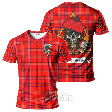 Burnett Tartan T-Shirt with Family Crest and Bearded Skull Holding Bottles of Whiskey