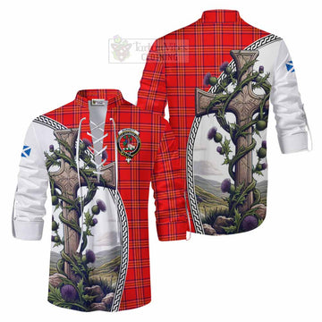 Burnett Tartan Ghillie Kilt Shirt with Family Crest and St. Andrew's Cross Accented by Thistle Vines