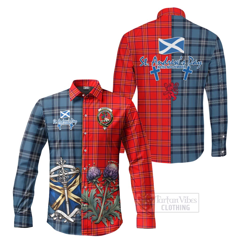 Tartan Vibes Clothing Burnett Tartan Long Sleeve Button Shirt Happy St. Andrew's Day Half Tartan Style