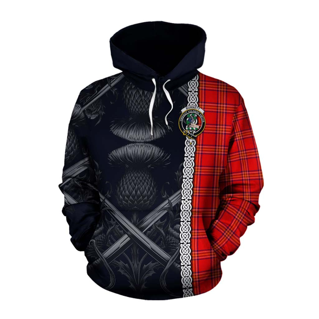 Tartan Vibes Clothing Burnett Tartan Cotton Hoodie with Family Crest Cross Sword Thistle Celtic Vibes