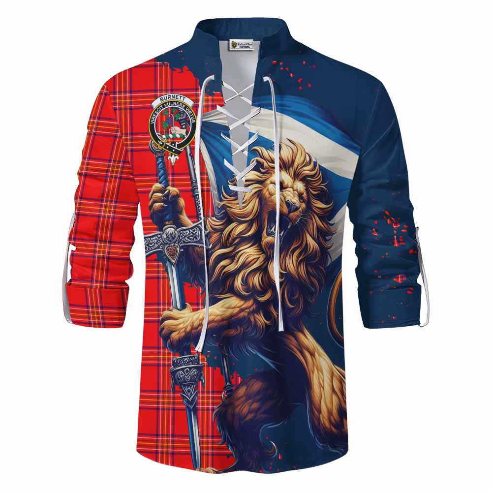 Tartan Vibes Clothing Burnett Tartan Family Crest Ghillie Kilt Shirt with Scottish Majestic Lion