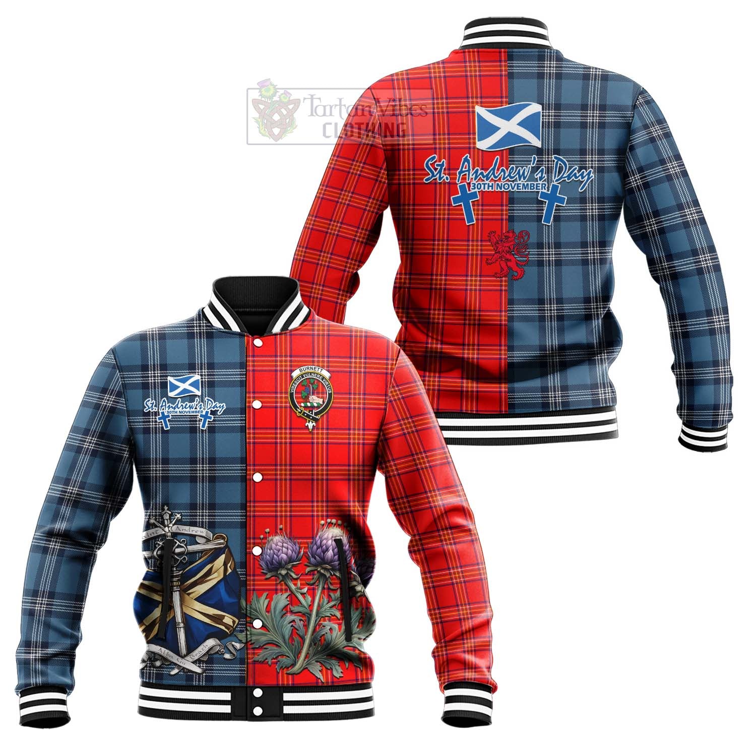 Tartan Vibes Clothing Burnett Tartan Baseball Jacket Happy St. Andrew's Day Half Tartan Style