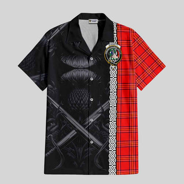 Burnett Tartan Short Sleeve Button Shirt with Family Crest Cross Sword Thistle Celtic Vibes