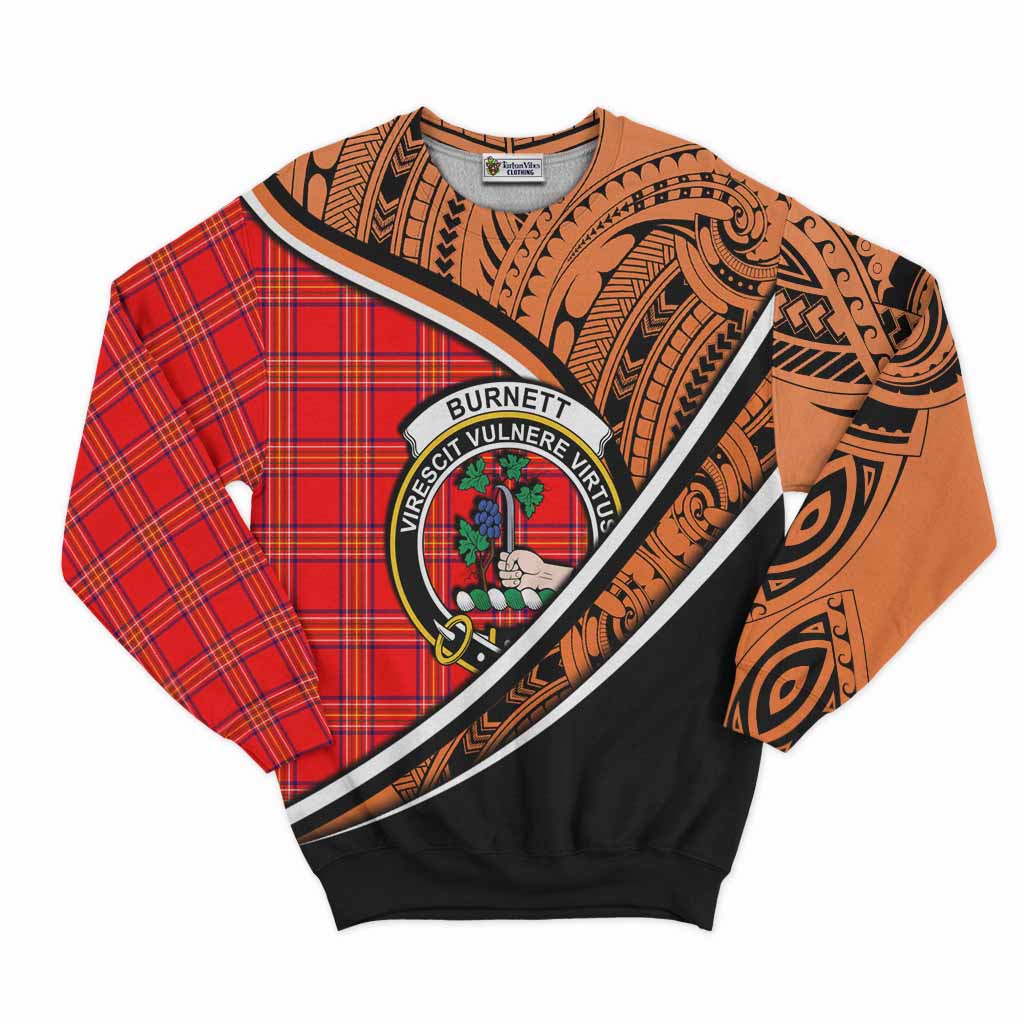 Tartan Vibes Clothing Burnett Crest Tartan Sweatshirt with Maori Tattoo Style - Orange Version