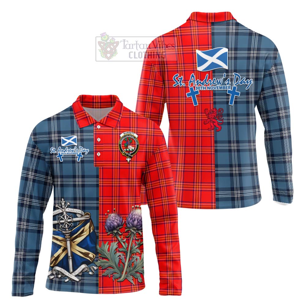 Tartan Vibes Clothing Burnett Tartan Long Sleeve Polo Shirt Happy St. Andrew's Day Half Tartan Style