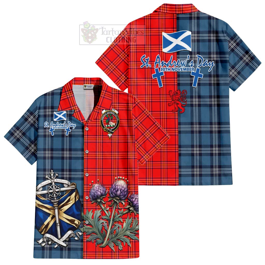 Tartan Vibes Clothing Burnett Tartan Short Sleeve Button Shirt Happy St. Andrew's Day Half Tartan Style