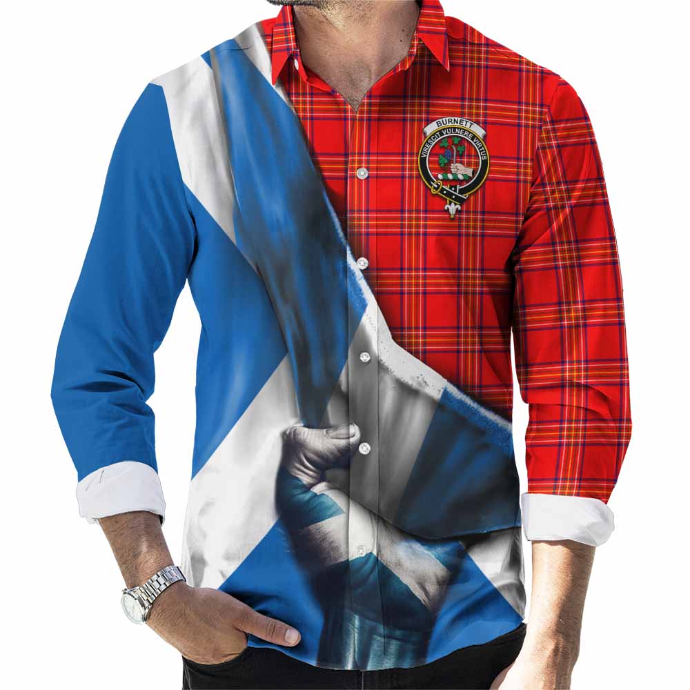 Tartan Vibes Clothing Burnett Tartan Long Sleeve Button Shirt with Family Crest Scotland Patriotic Style