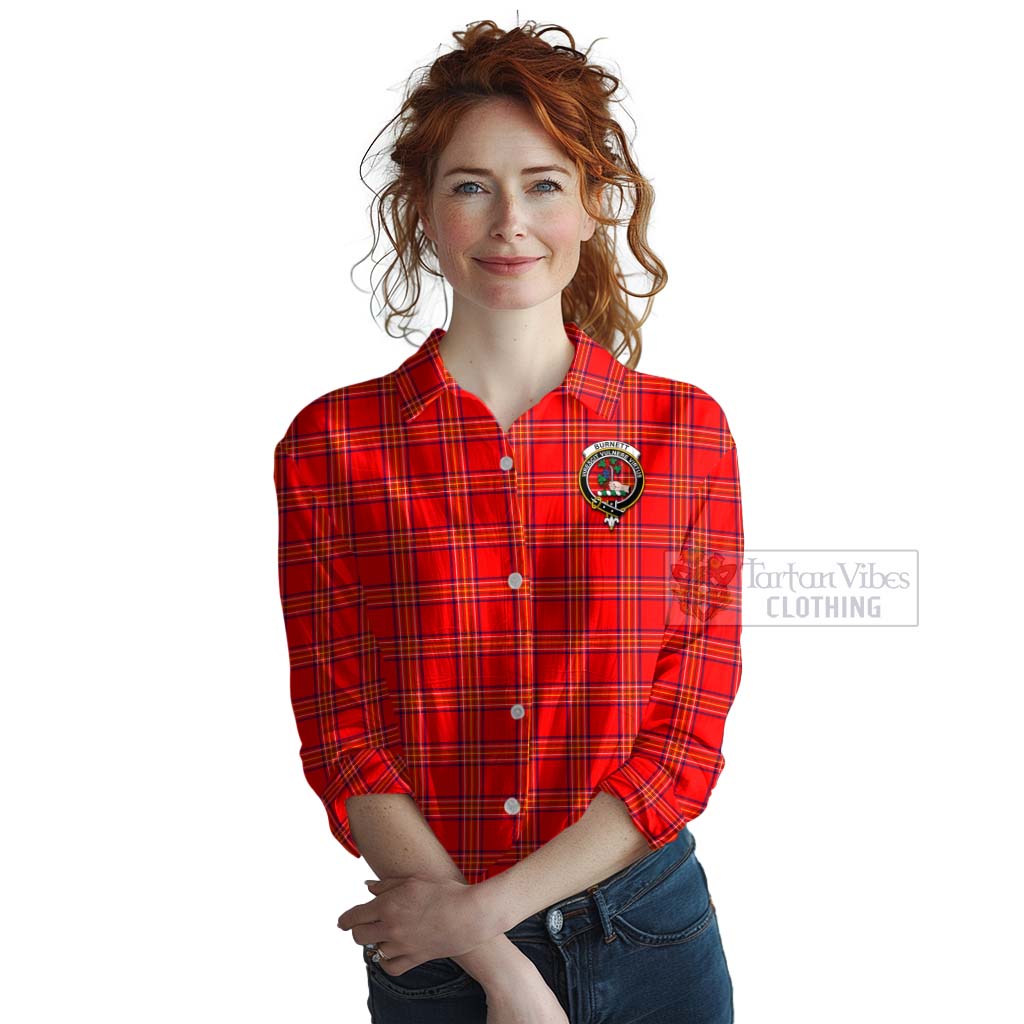 Tartan Vibes Clothing Burnett Tartan Women's Casual Shirt with Family Crest and Bearded Skull Holding Bottles of Whiskey