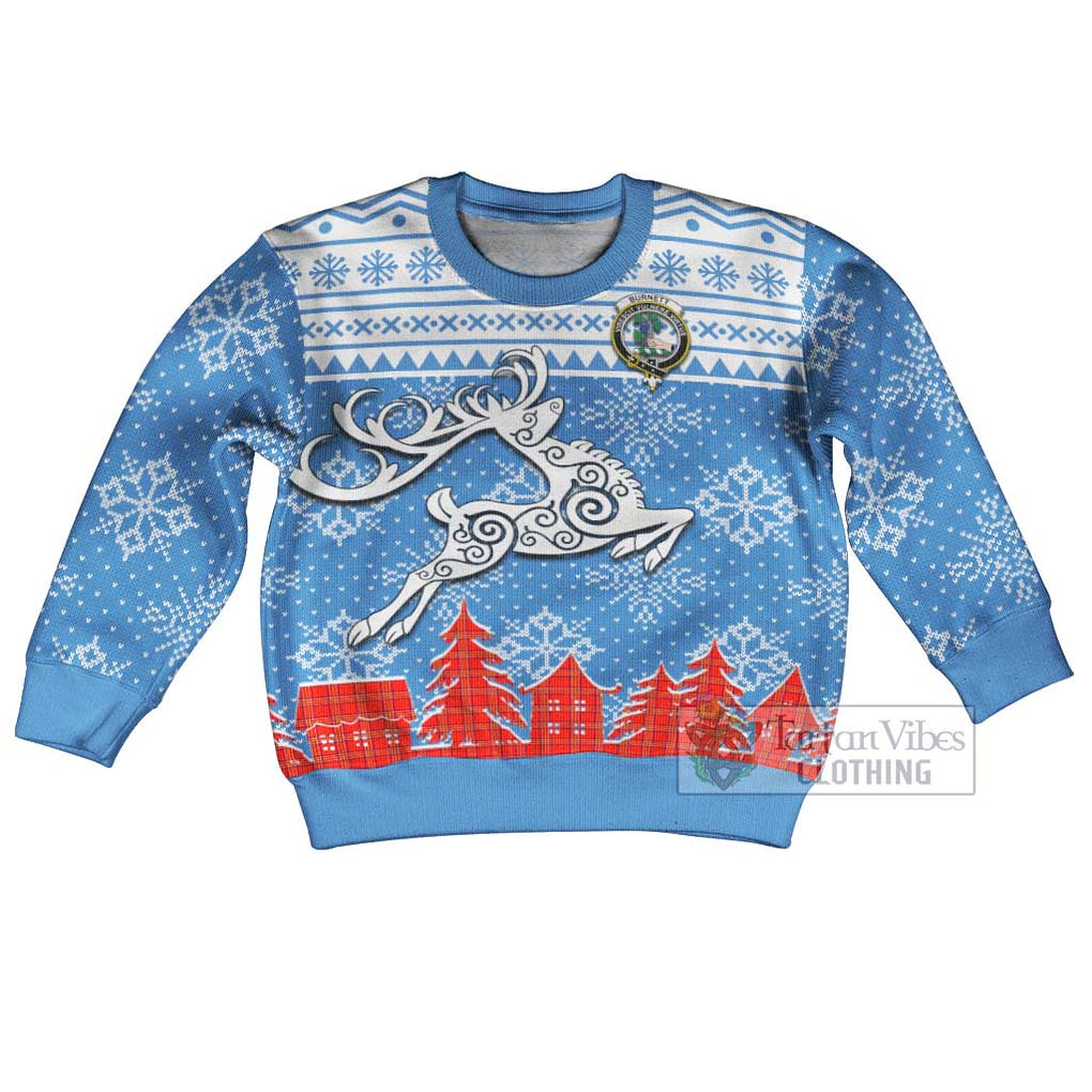 Tartan Vibes Clothing Burnett Clan Christmas Kid Ugly Sweater with Tartan and Celtic Raindeer Style