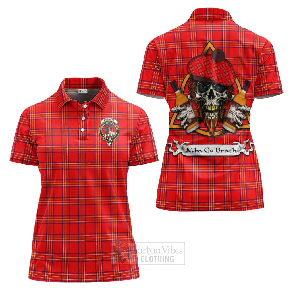 Tartan Vibes Clothing Burnett Tartan Women's Polo Shirt with Family Crest and Bearded Skull Holding Bottles of Whiskey