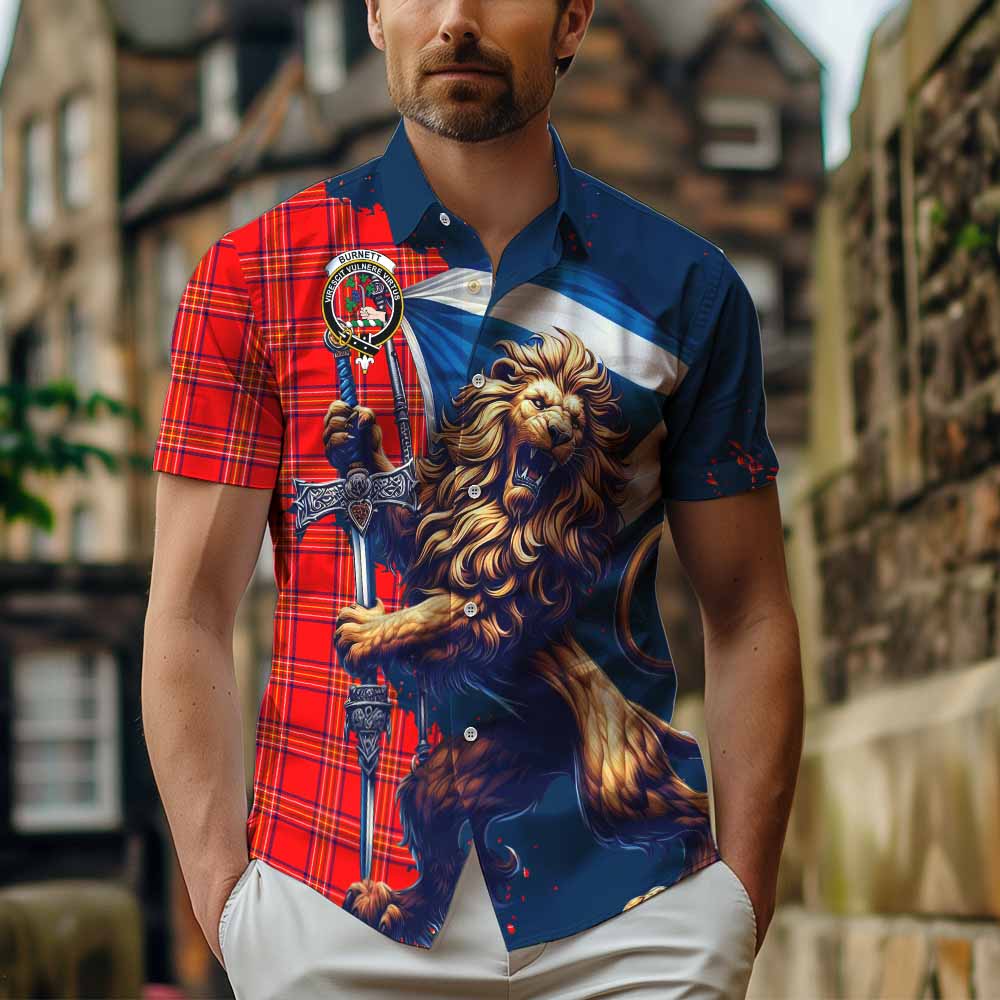 Tartan Vibes Clothing Burnett Tartan Family Crest Short Sleeve Button Shirt with Scottish Majestic Lion