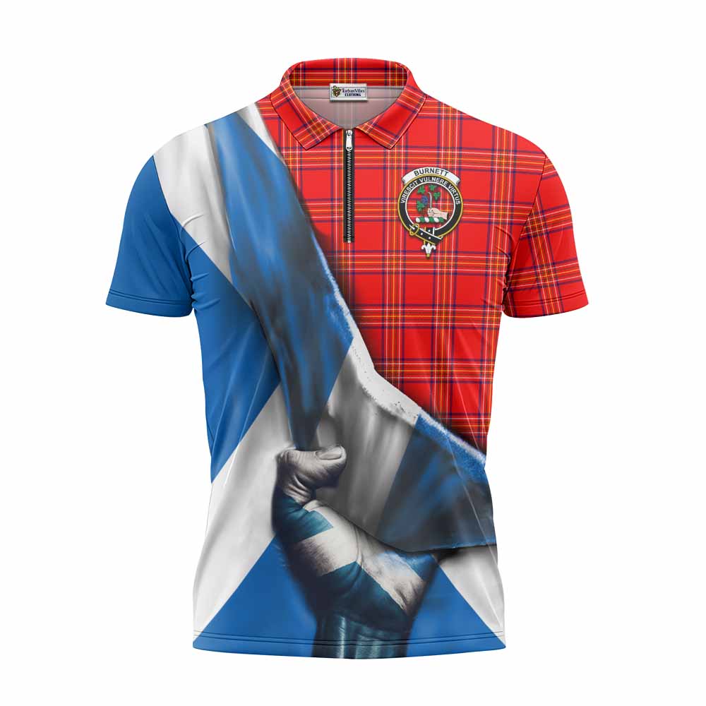 Tartan Vibes Clothing Burnett Tartan Zipper Polo Shirt with Family Crest Scotland Patriotic Style