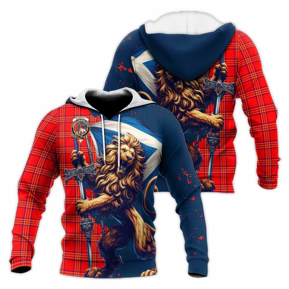 Tartan Vibes Clothing Burnett Tartan Family Crest Knitted Hoodie with Scottish Majestic Lion