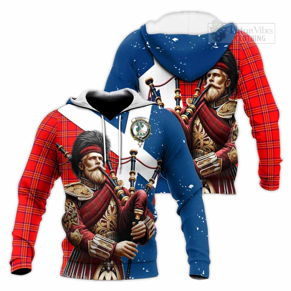 Tartan Vibes Clothing Burnett Tartan Knitted Hoodie with Family Crest Scottish Bagpiper Vibes