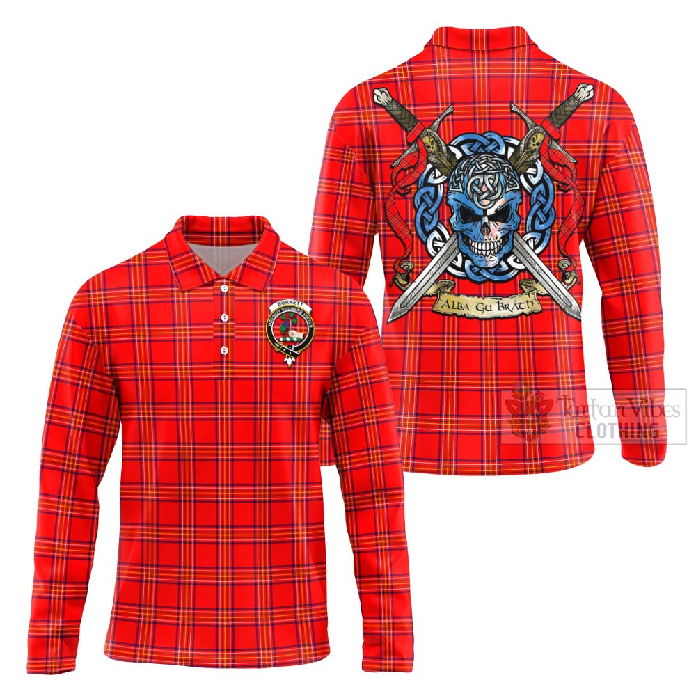 Tartan Vibes Clothing Burnett Tartan Long Sleeve Polo Shirt with Family Crest Celtic Skull Style