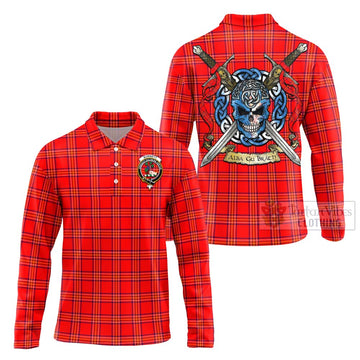 Burnett Tartan Long Sleeve Polo Shirt with Family Crest Celtic Skull Style