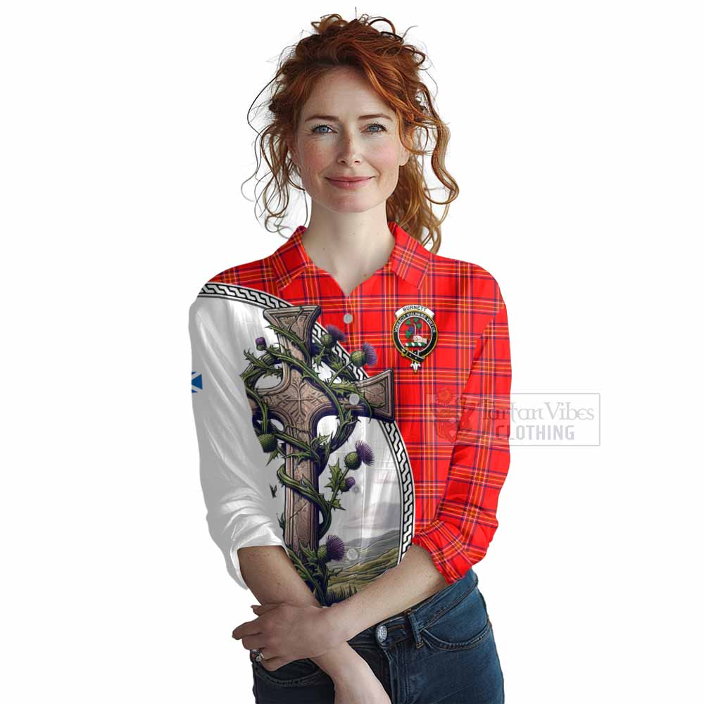 Tartan Vibes Clothing Burnett Tartan Women's Casual Shirt with Family Crest and St. Andrew's Cross Accented by Thistle Vines