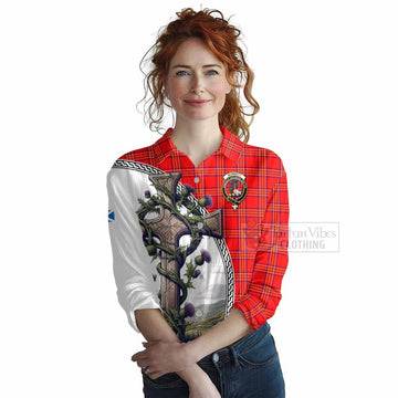 Burnett Tartan Women's Casual Shirt with Family Crest and St. Andrew's Cross Accented by Thistle Vines