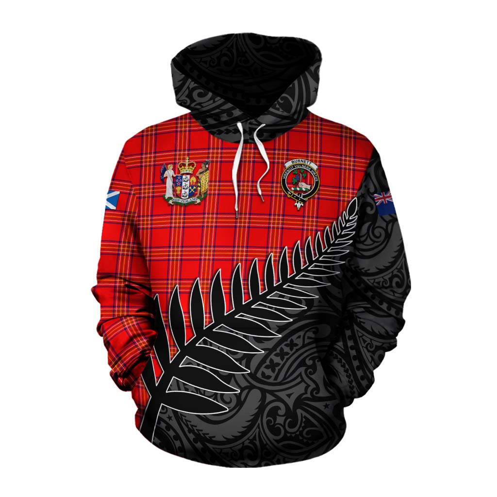 Tartan Vibes Clothing Burnett Crest Tartan Cotton Hoodie with New Zealand Silver Fern Half Style