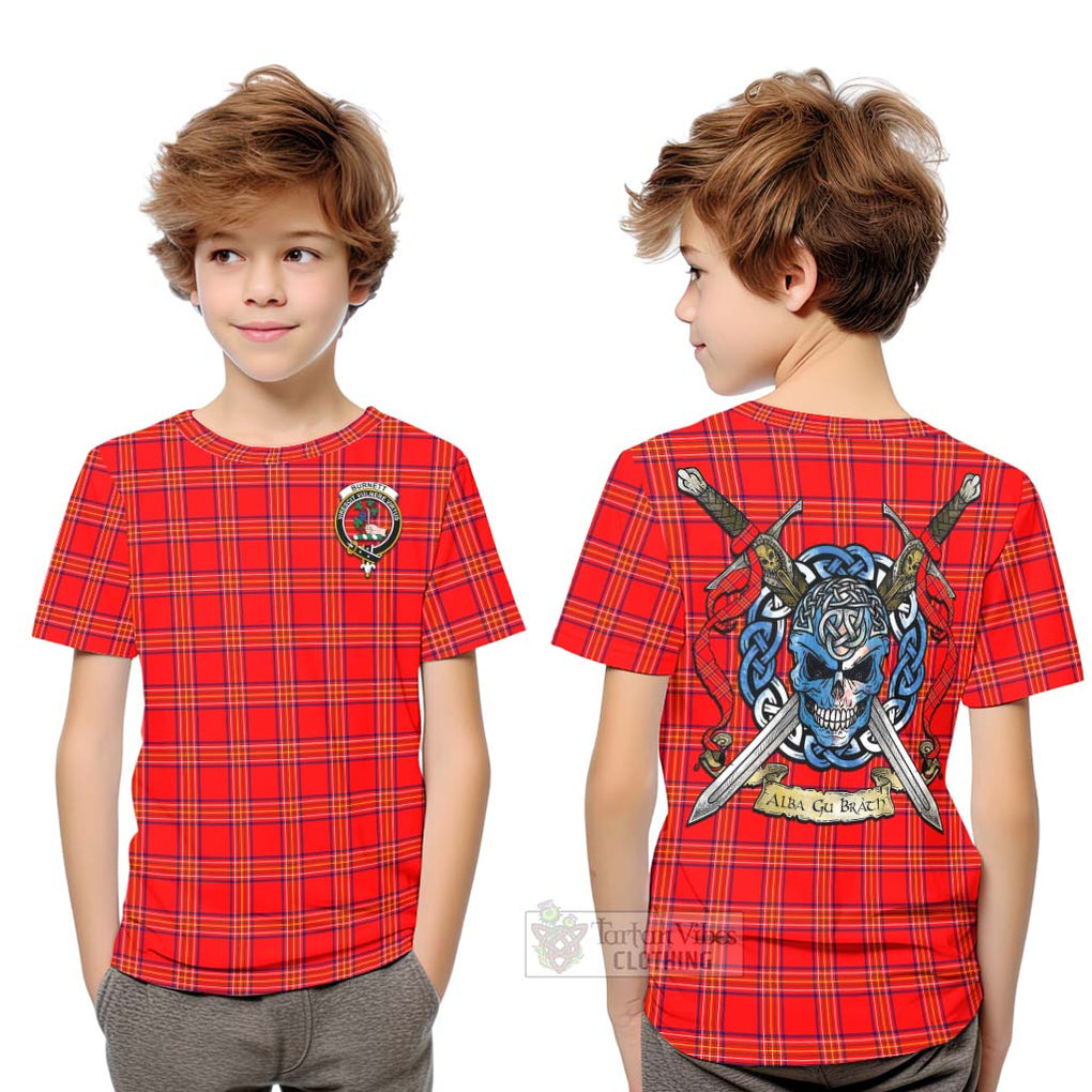 Tartan Vibes Clothing Burnett Tartan Kid T-Shirt with Family Crest Celtic Skull Style